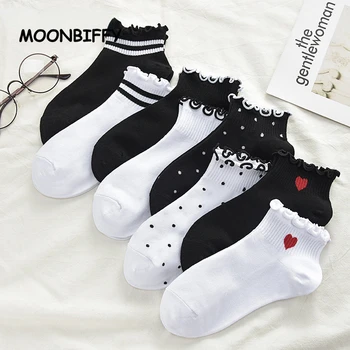 Новые женские хлопковые повседневные Белые черные носки для девочек, милые гофрированные носки на щиколотке в полоску, горошек, сердечко, короткие носки Calcetines Mujer Sokken
