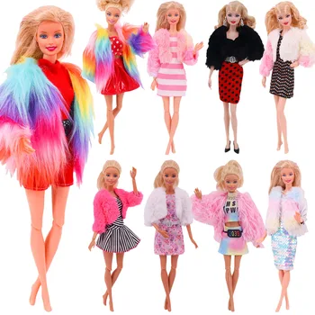 Одежда для куклы Барби 2шт = Плюшевое пальто, куртка + платье, юбка, брюки, одежда для куклы Барби, Одежда для кукол, аксессуары для кукол, Игрушка для девочки, подарок
