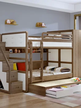 Параллельная двухъярусная кровать из цельного дерева, комбинированная кровать со шкафом для одежды, верхняя и нижняя кровати, малогабаритные кровати 