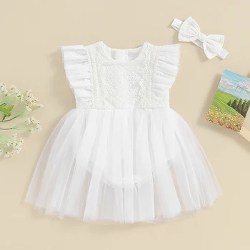 Платье-комбинезон для маленьких девочек с буквенным принтом, летящие рукава, боди в стиле пэчворк и повязка на голову, летняя одежда для маленьких девочек