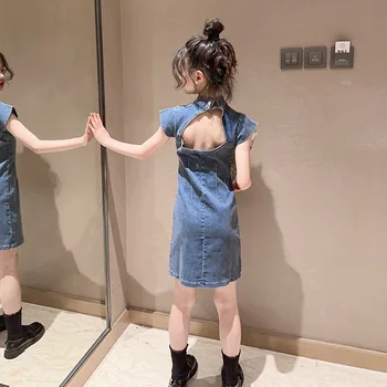 Платья Chi-Pao для девочек, летнее джинсовое платье для подростков 12 лет, сексуальная одежда для вечеринок с открытой спиной для девочек