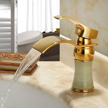 Смеситель для горячей и холодной воды из меди и натурального нефрита в европейском стиле, золотой водопадный смеситель для раковины