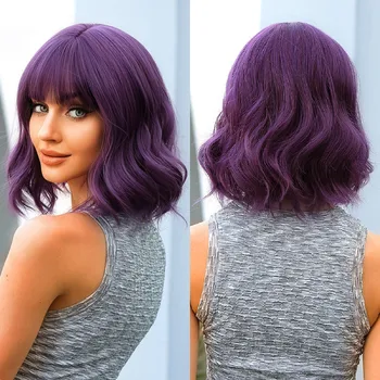 Темно-фиолетовый короткий Боб, синтетические парики, волнистый парик для косплея с челкой для женщин, натуральные термостойкие волосы для вечеринок в стиле Лолиты
