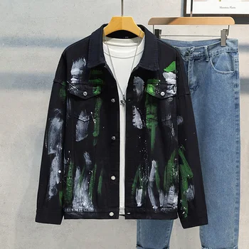 Цветная джинсовая куртка из хлопка с принтом, Мужская Модная Верхняя Одежда Оверсайз, Уличная одежда в стиле Панк-хип-Хоп, Винтажное пальто 2024 года