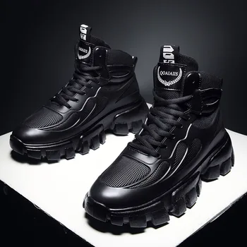 Черные сапоги на высокой платформе, новинка 2024 года, мужская хлопчатобумажная обувь, теплые спортивные кроссовки для бега трусцой, плюс бархатные зимние ботинки, Зимние кожаные ботинки для мужчин